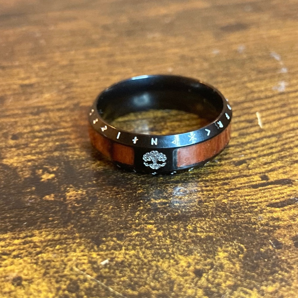 Mens Yggdrasil World Tree Ring Wood Inlay Viking Runes Black Band Size 13